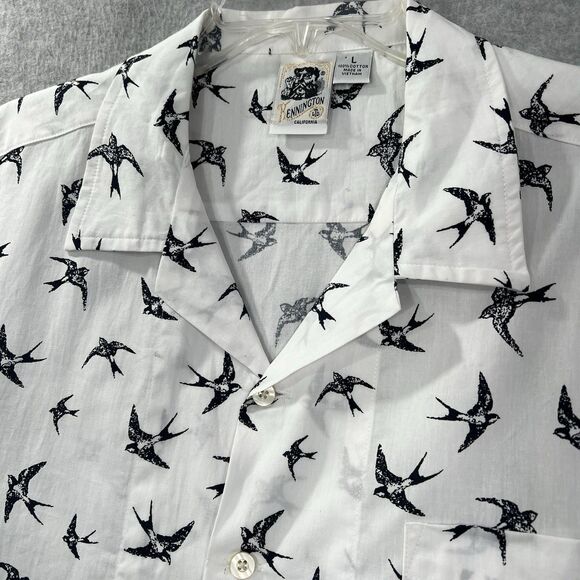 Kennington LTD Shirt Mens LARGE white bird sparrow aop Button Up Short Sleeve - Picture 4 of 11
